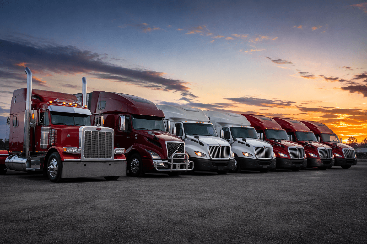SSJ Cargo INC fleet of semi trucks at sunset